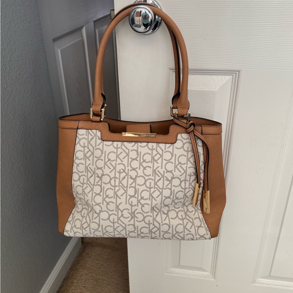 Calvin Klein Brown and Cream Logo Shoulder Bag